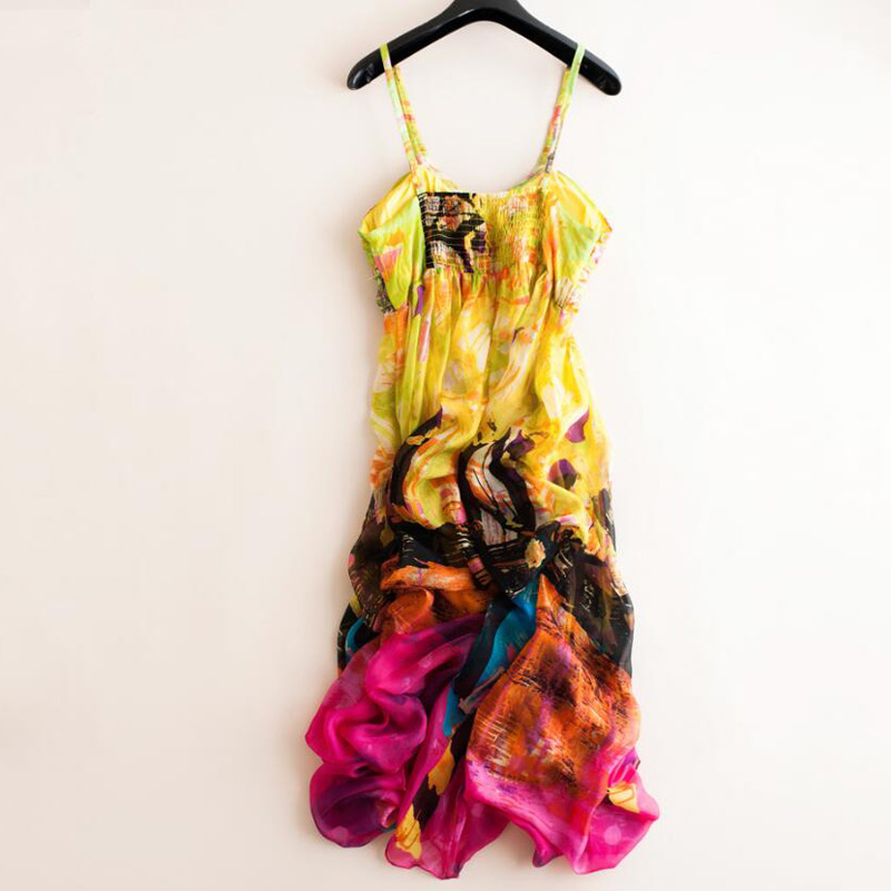 Women 100 Silk dress Beach dress 100% Natural Silk Print Yellow dress Holiday summer dresses